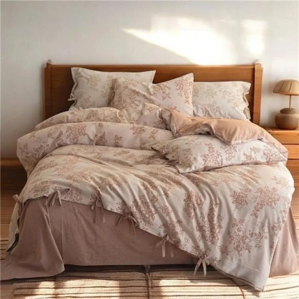 NEW Anthro Pink Floral Jacquard Queen King Linen Cotton Bedding Duvet & Sham Set